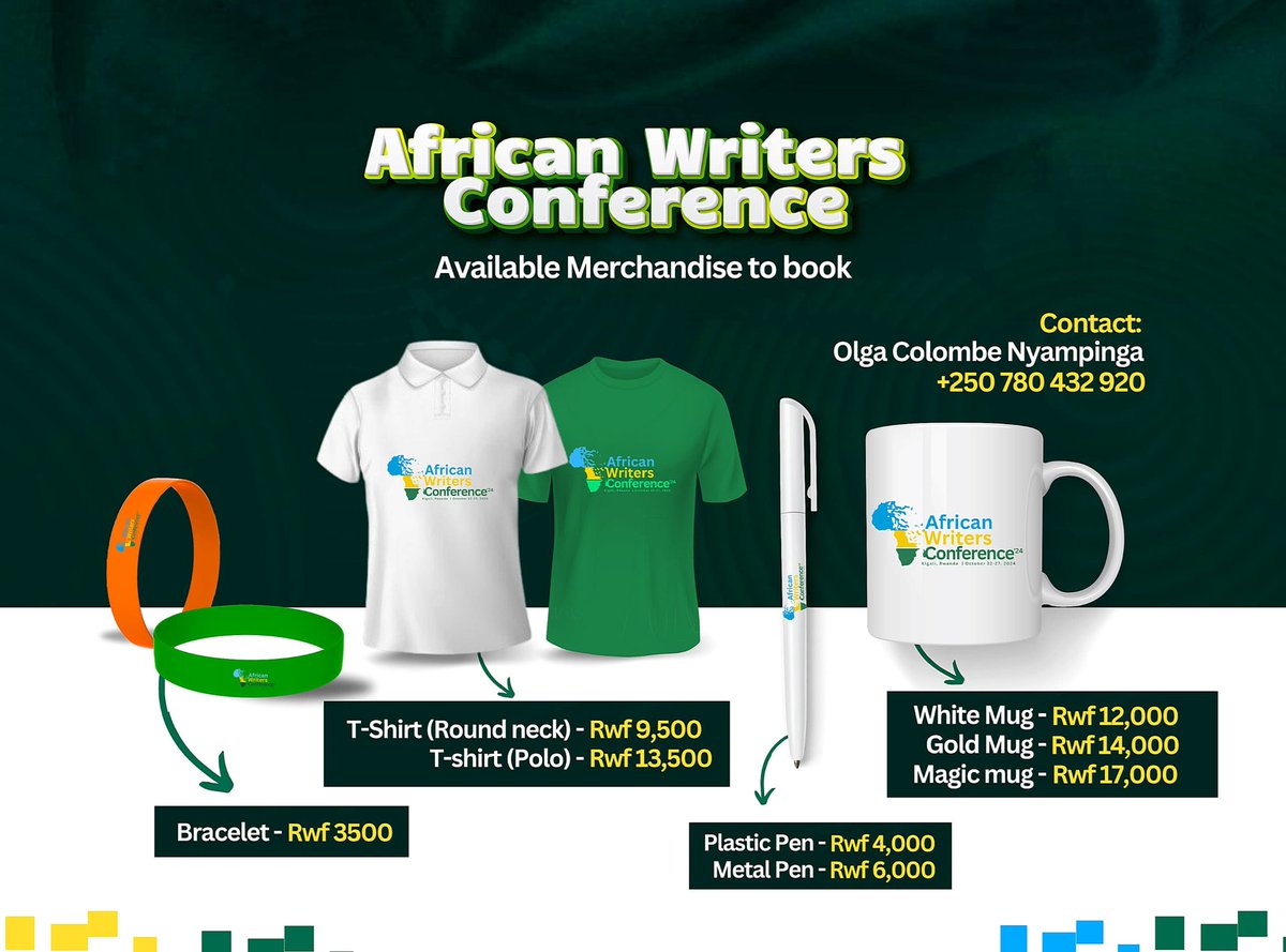 AWC_2026's tweet photo. GOOD NEWS! ππ½ππ½ππ½
We have collaborated with this year's African Writers Conference host, @wsa_rwanda, to bring you beautiful merchandise for the conference. ππ½ If you need any, kindly contact them.
Available merchandise and prices are on the flierππ½
#awc2024
#conferencemerch https://t.co/fO0GVlLfSf