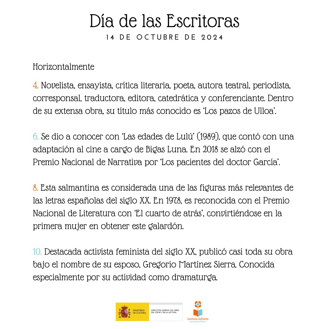👩✍️Hoy es el #DíadelasEscritoras y para celebrarlo hemos preparado un crucigrama con 🔟grandes mujeres de las letras españolas.

🕵️‍♀️Aquí tienes las pistas.

¿Cuántos nombres eres capaz de adivinar?
