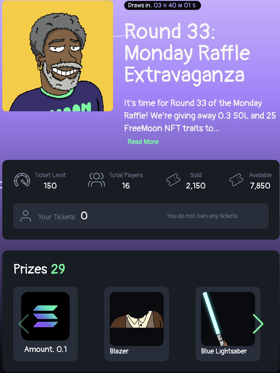 Are you ready for Round 33 ? 🕹️📷 29 prizes are up for grabs including 0.4 $SOL &amp; 25 #NFT traits 📷🎟️

freemoon.meme/raffles/yidPzX…

#SolanaMemcoin #solanacommunity