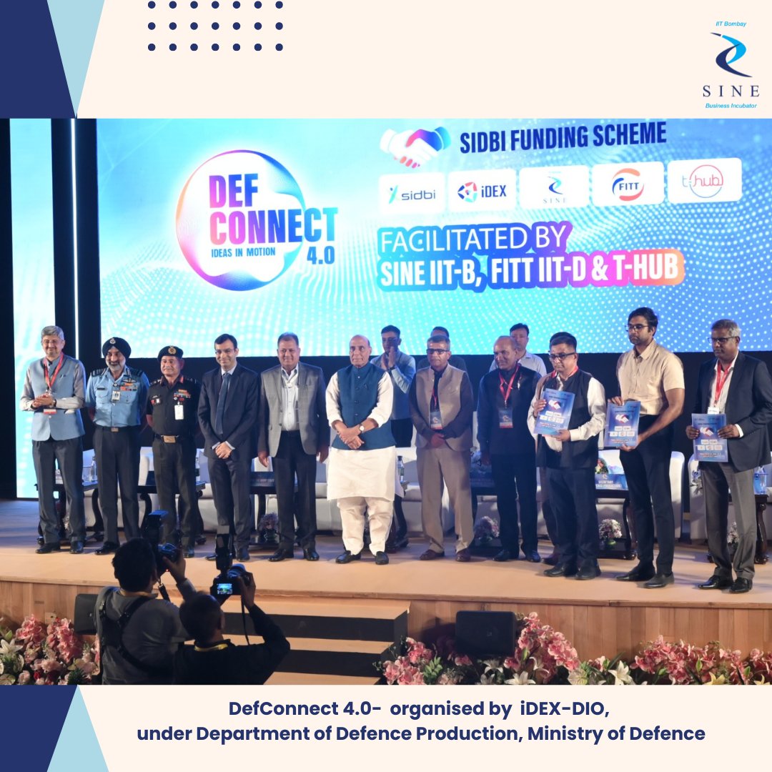 SINEIITB's tweet image. SINE is an important ecosystem partner for the iDEX program. This was acknowledged through SIDBI iDEX Partner Incubator Fund in the recently concluded #DefConnect 4.0 program held in Delhi.