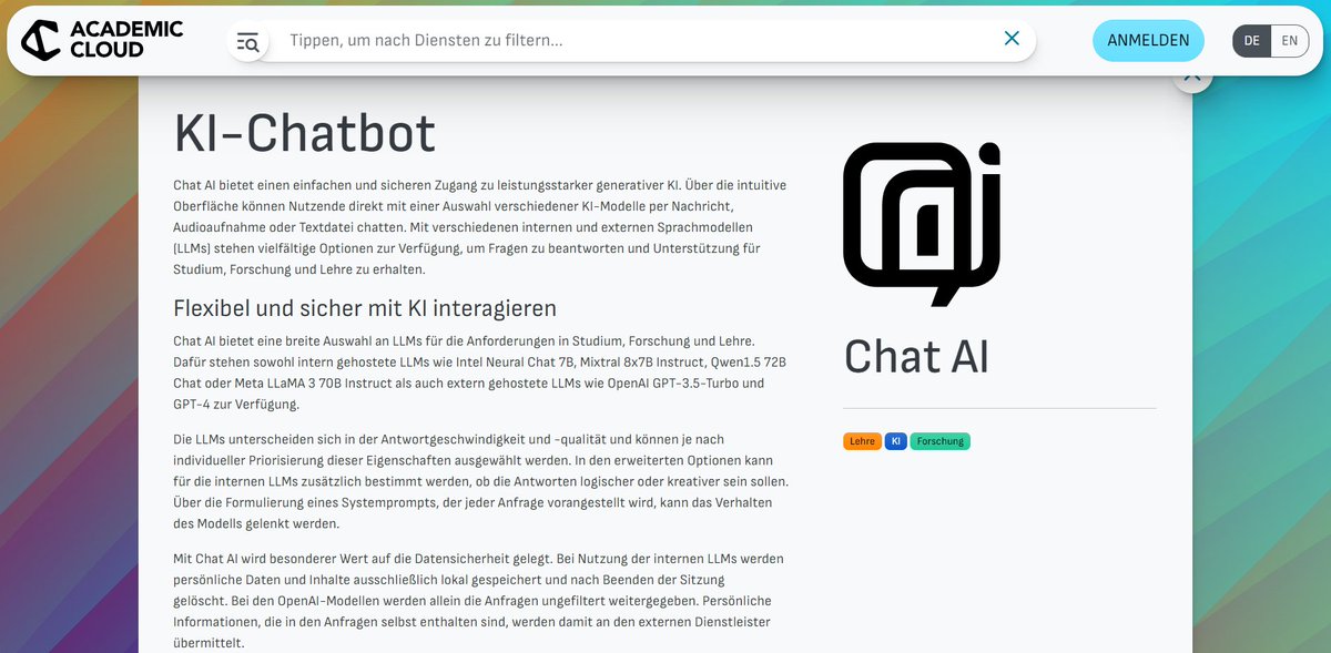 Dank des Newsletters "KI &amp; Bildung" sind wir auf die Academic Cloud der GWDG aufmerksam geworden.
Unser Kollege Florian Greiner, seines Zeichens sehr gut informiert, wenn es um das Thema KI geht, meint: "Klare Empfehlung"!
Link zu Academic Cloud: chat-ai.academiccloud.de

#ki #zhw