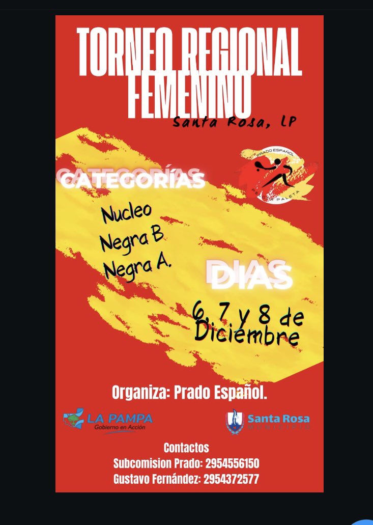 TORNEO FEMENINO- Núcleo-Negra A-B en Prado Prado Español Santa Rosa La Pampa-6/7/8 diciembre!!2024-
Pelota Paleta.-