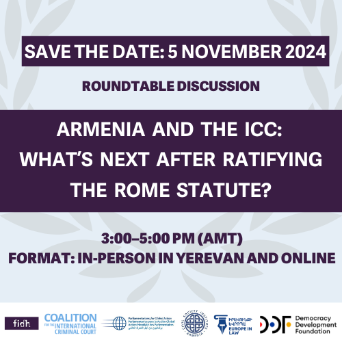 #Armenia joined the #ICC earlier this year coalitionfortheicc.org/armenia-become… 

Next month, we'll discuss Armenia's new role in the ICC system and its duties as ICC state party: 

Join us in Yerevan &amp; online on🗓️ 5 Nov 2024 | 3-5 PM AMT (12-2 PM CET) 

Register here: docs.google.com/forms/d/e/1FAI…
