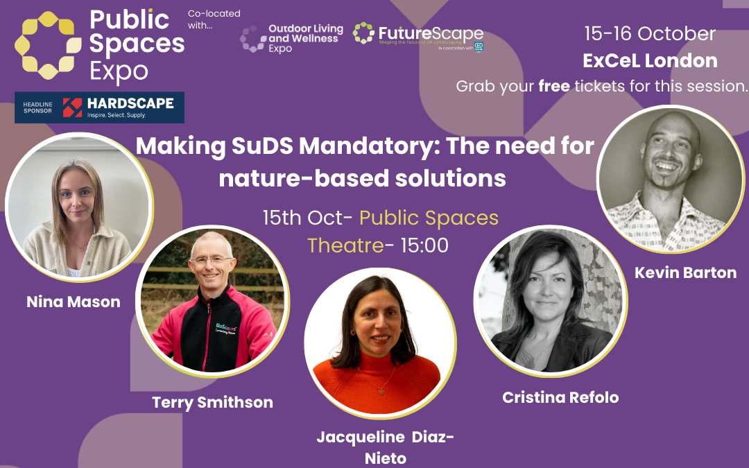are you planning a visit to <a href="/PublicSpacesExp/">PublicSpacesExpo</a> tomorrow? Come and join a panel discussion about SuDS with Kevin from @robertbrayassoc, Jacqueline Diaz-Nieto, Head of Water at EPG and head of biodiversity <a href="/BioScapesUK/">BioScapesUK</a>, Terry Smithson #suds, #sustainabledrainage #flooddefence