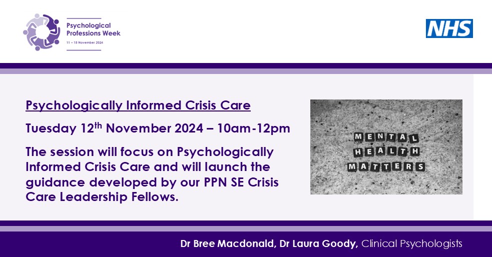 Psychological Professions Network: South East (@se_ppn) on Twitter photo PP Week 2024 - 3 WEEKS TO GO!!!
Virtual event: The launch of Psychologically Informed Crisis Care Guidance 
Facilitating: Dr Laura Goody & Dr Bree Macdonald (PPN-SE Fellows)
Book the session here: forms.office.com/e/ek4H5zEHDu
@PPNEngland
#PsychologicalProfessionWeek2024
#PPWeek24 PP Week 2024 - 3 WEEKS TO GO!!!
Virtual event: The launch of Psychologically Informed Crisis Care Guidance 
Facilitating: Dr Laura Goody & Dr Bree Macdonald (PPN-SE Fellows)
Book the session here: forms.office.com/e/ek4H5zEHDu
@PPNEngland
#PsychologicalProfessionWeek2024
#PPWeek24