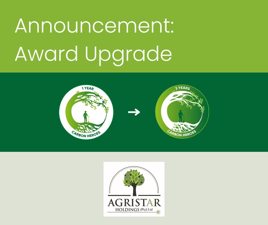 We are thrilled to announce that Agristar Holdings has been upgraded from a 1 Year to a 3 year Carbon Hero award!

A huge congratulations are in order!

To find out more visit carbonheroes.co.za.

#Sustainability #ConfrontingClimateChange #ClimateChange #ClimateActionNow