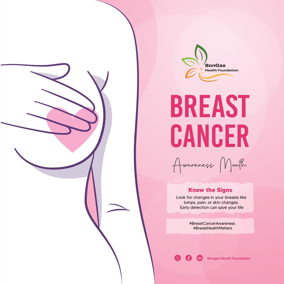 "Know the Signs"
 Knowing the signs of breast cancer could save your life. Be aware of lumps, changes in skin, or unusual pain. Self-exams and regular check-ups are essential. #KnowTheSigns #BreastHealthMatters