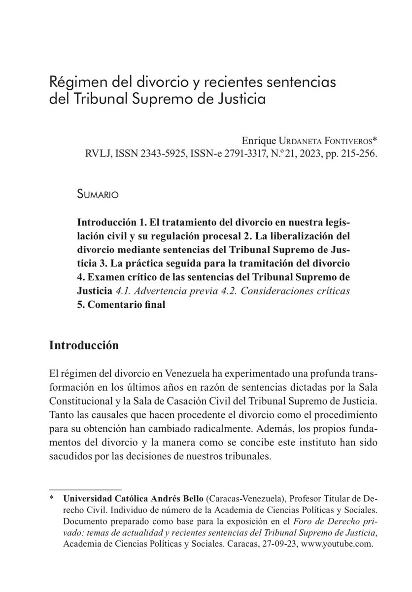 la_rvlj's tweet photo. Artículo publicado en el N• 21 (2023) de @la_rvlj “Régimen del divorcio y recientes sentencias del Tribunal Supremo de Justicia” de Enrique Urdaneta Fontiveros https://t.co/ESxkRJ1X3z https://t.co/yMg7fliHGu