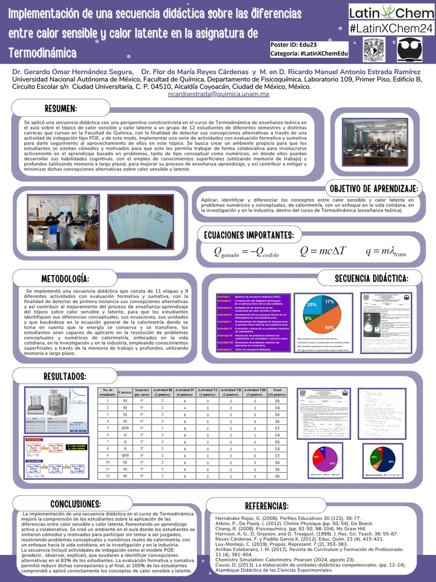 Hola comunidad de <a href="/LatinXChem/">LatinXChem</a>
Comparto nuestro proyecto:

Implementación de una secuencia didáctica sobre las diferencias entre calor sensible y calor latente en la asignatura de Termodinámica.

#EjerciciosDeLápizYPapel
🌡️♨️🥼⚗️
#LatinXChem24
#LatinXChemEdu
#Edu23