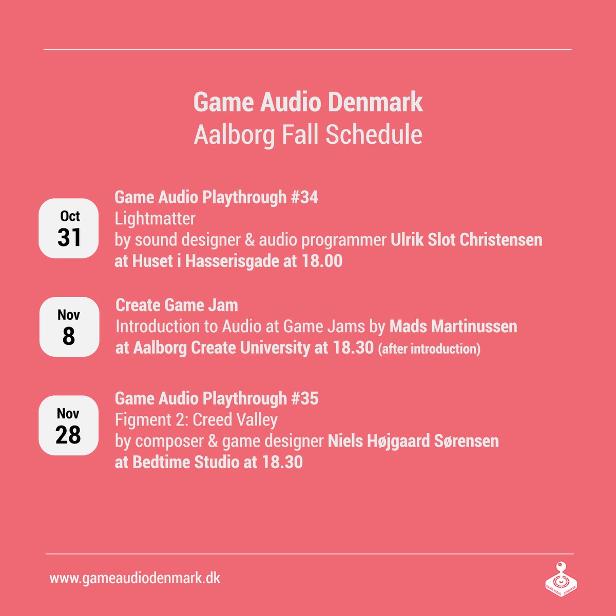 We have some really nice events lined up this fall in Aalborg!
More details in the events:
GAP #34 - Lightmatter - fb.me/e/9iWZYEQTJ
Create Game Jam - fb.me/e/2GKCj5KqQ
GAP #35 - Figment 2: Creed Valley - fb.me/e/2l95uLb3g