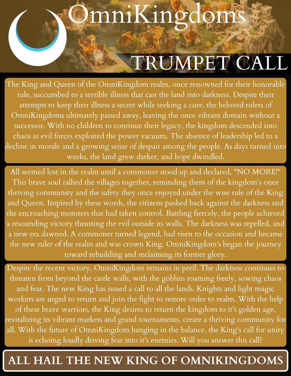 OmniKingdoms's tweet image. We wish to inform the community of some amazing developments. With life and careers getting in the way the creators have decided it is best to let #OMKG thrive and flourish. OmniKingdom is under new ownership as a new King has risen 👑. Please join us in Discord (link in profile)