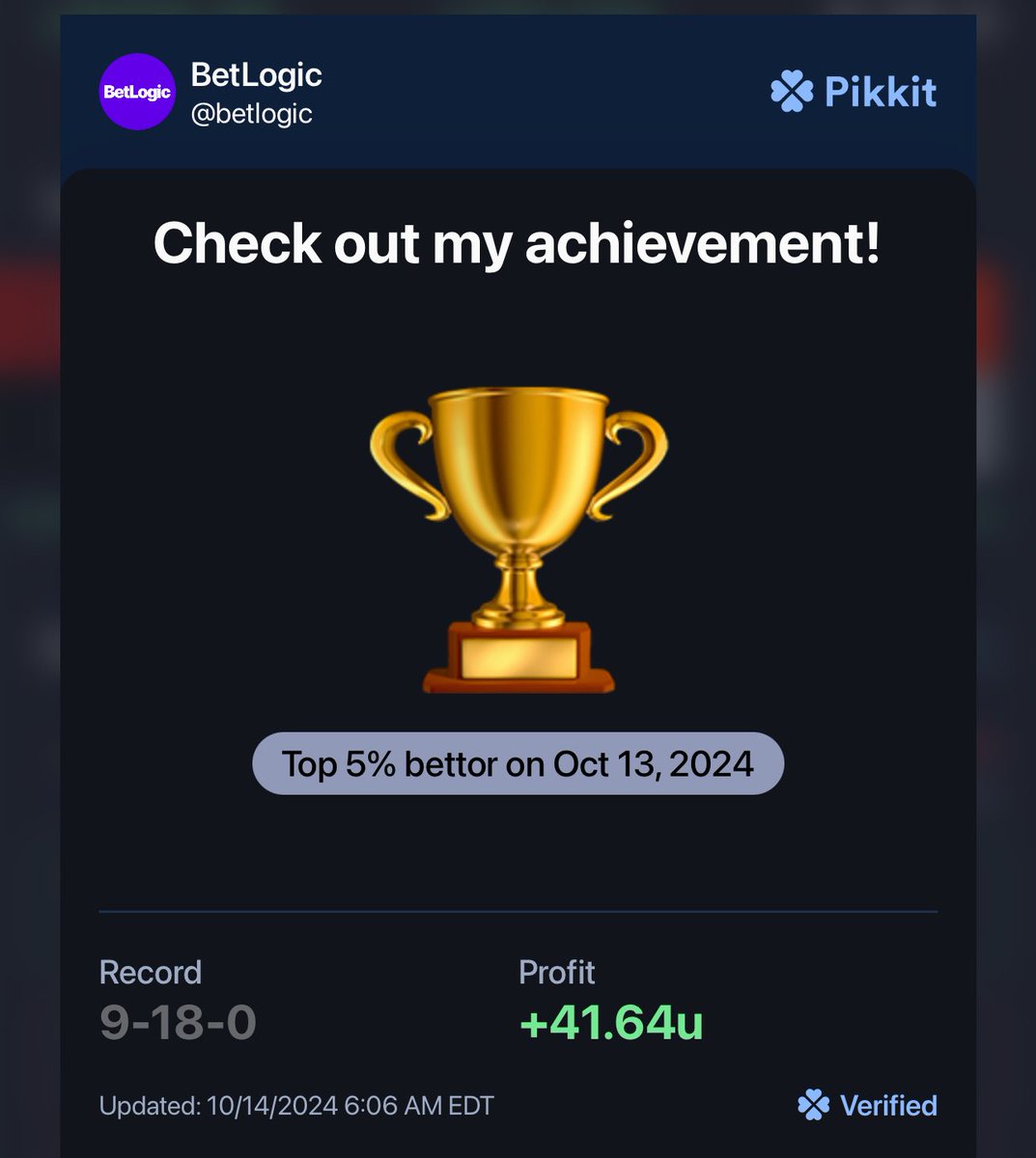 BetLogicAI's tweet image. 🏆 LEGENDARY NFL SUNDAY
🔥 TOP 5% BETTOR
💵 WON +41 UNITS
✅ ALL FOR FREE

👉FOLLOW US.
💥WIN WITH US.
@BetLogicAI