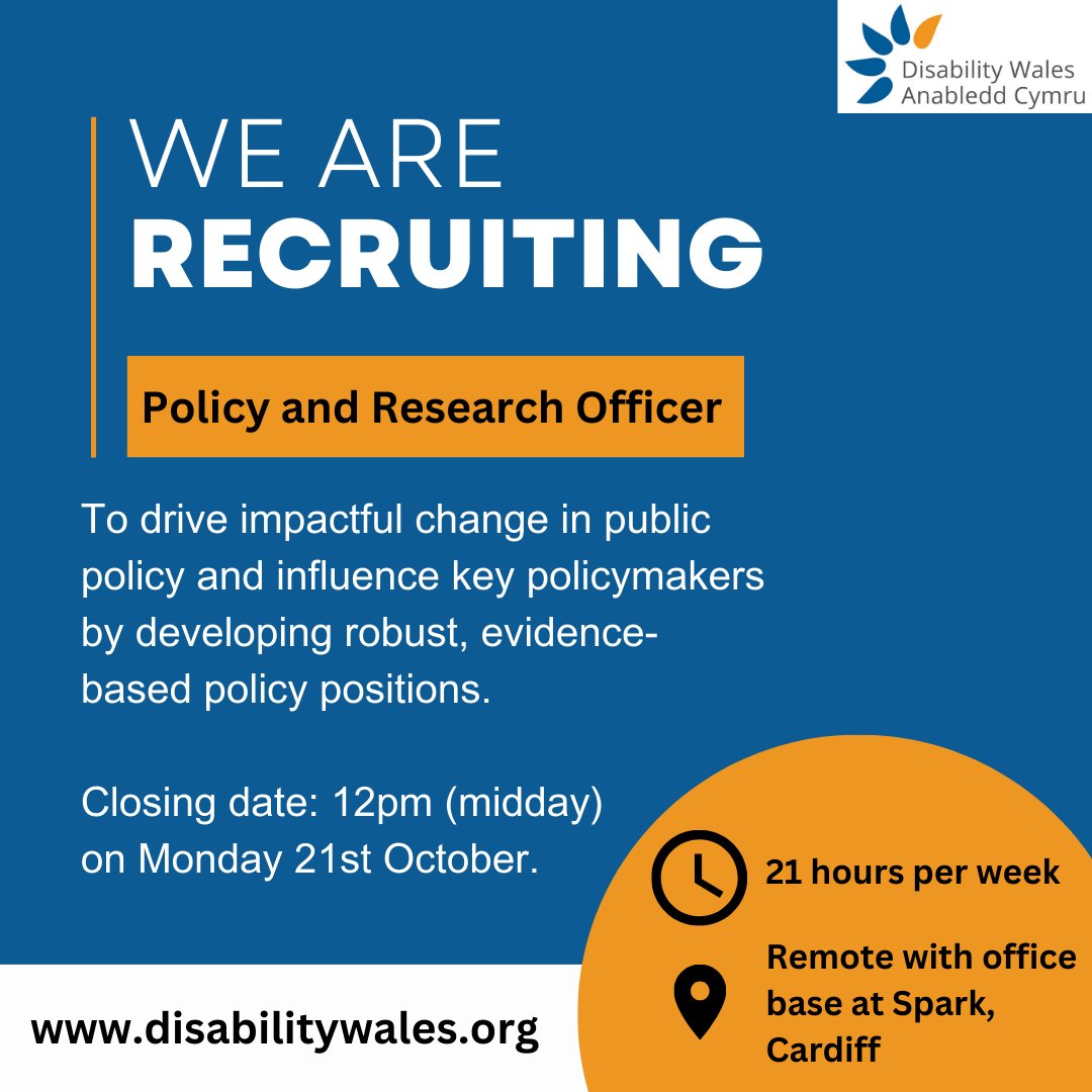 🚨1 week left to apply🚨

Are you a disabled person with the skills and experience to drive impactful change in public policy and influence key policymakers?

You could be our next Policy and Research Officer!

Closing date: 12noon on 21st October.

More 👉disabilitywales.org/vacancy-policy…