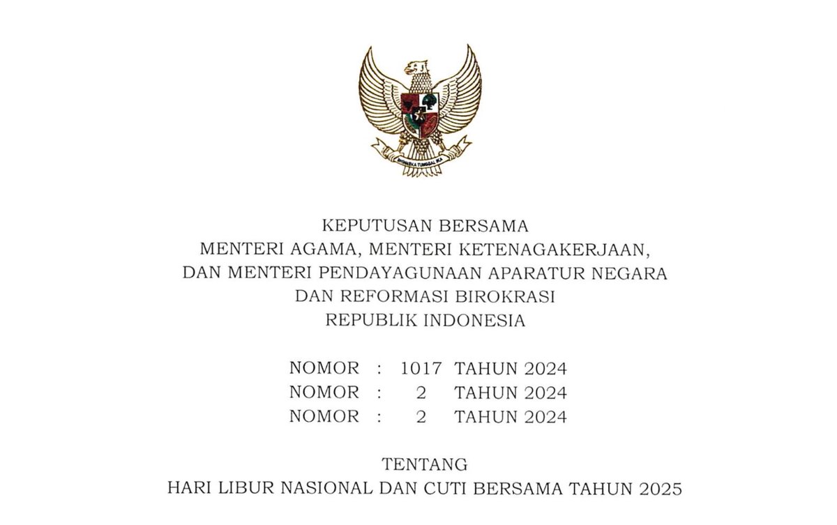 setkabgoid's tweet photo. Pemerintah Tetapkan Hari Libur Nasional dan Cuti Bersama Tahun 2025 

#KabarKabinet
https://t.co/oa1wOpTRO7 https://t.co/rAXXeorZXT