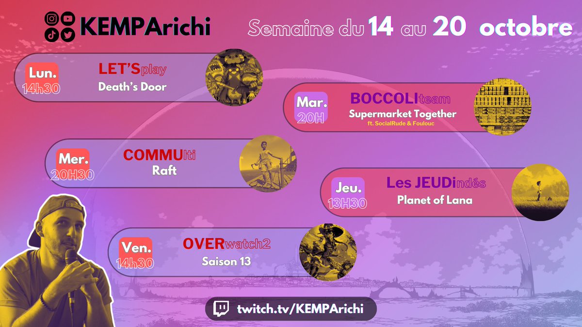 Coucou à toustes !

Je me permets de drop mon planning Twitch par ici, ça faisait longtemps que j'avais rien mis ici.

La période est toujours un peu compliquée moralement, donc j'espère pouvoir tenir ces petits engagements. 

Prenez soin de vous <3