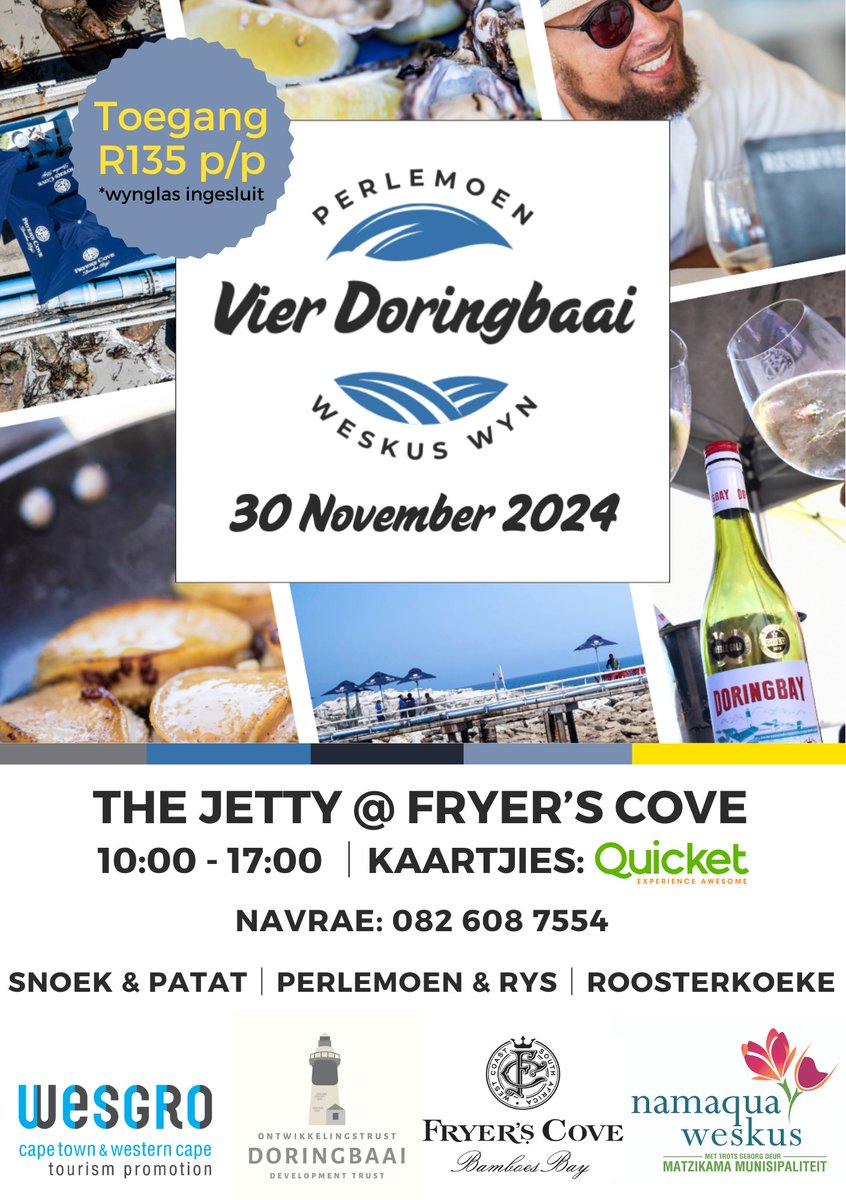 Vier Doringbaai - a laid-back, Weskus "kuier"
Set against the stunning backdrop of Doringbaai, you can indulge in delicious Weskus cuisine served with love from the locals while savouring Fryer’s Cove's famous, award-winning wine!
Ticket Sales: quicket.co.za/.../286170-vie…