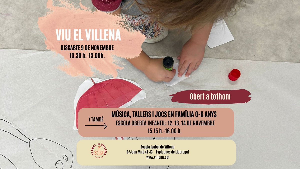Una vegada més, obrim l'Escola per compartir un matí de dissabte amb tots i totes vosaltres. 
Ens farà molta il·lusió rebre-us el dissabte 9 de novembre entre les 10:30 i les 13:00 a la zona d'Infantil i 1r de Primària de l'Escola on celebrarem el Viu al Villena.