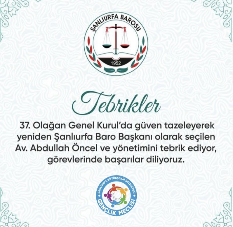37. Olağan Genel Kurul'da güven tazeleyerek yeniden Şanlıurfa Baro Başkanı olarak seçilen Av. Abdullah Öncel ve yönetimini tebrik ediyor, görevlerinde başarılar diliyoruz.