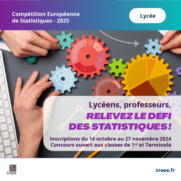 InseeFr's tweet photo. #esc2025stat #FDS2024 📅 | Vous êtes professeur ou élève de lycée ? Les inscriptions pour participer à la Compétition européenne de statistiques sont ouvertes jusqu’au 27 novembre !
#ses #maths #écogestion #EurStatsDay
Plus d’infos 👉 https://t.co/6bLE5p1UaT https://t.co/j3LZY7QMhX
