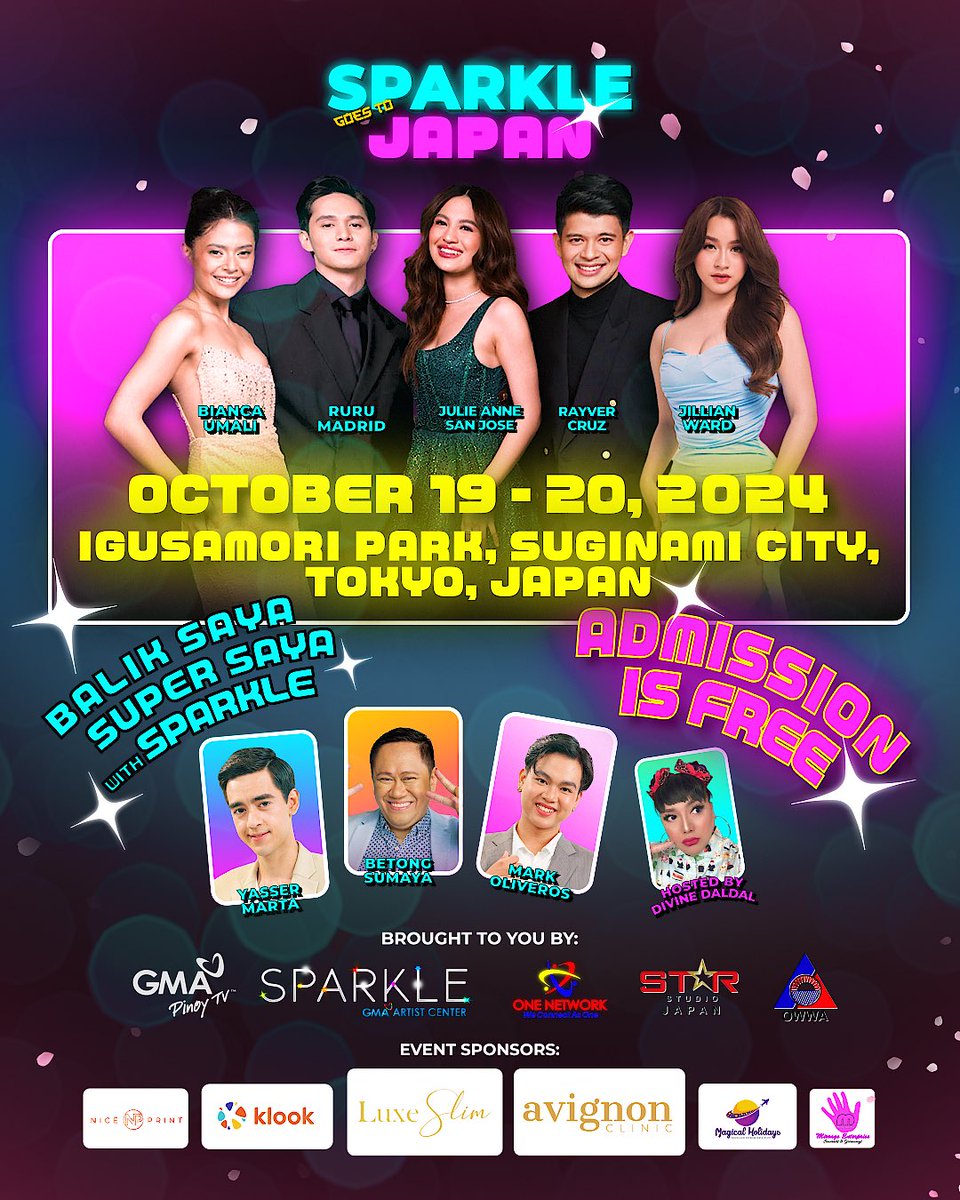 Sparkle_GMA's tweet photo. We’re only days away from the #SparkleWorldTour in Tokyo 🇯🇵

Join Ruru Madrid, Bianca Umali, Rayver Cruz, Jillian Ward, Yasser Marta, Betong Sumaya, Mark Oliveros, and Julie Anne San Jose at Igusamori Park on October 19 and 20 ✨ Admission is free — so don’t miss out on the fun! https://t.co/Csp9ZJ3Grm