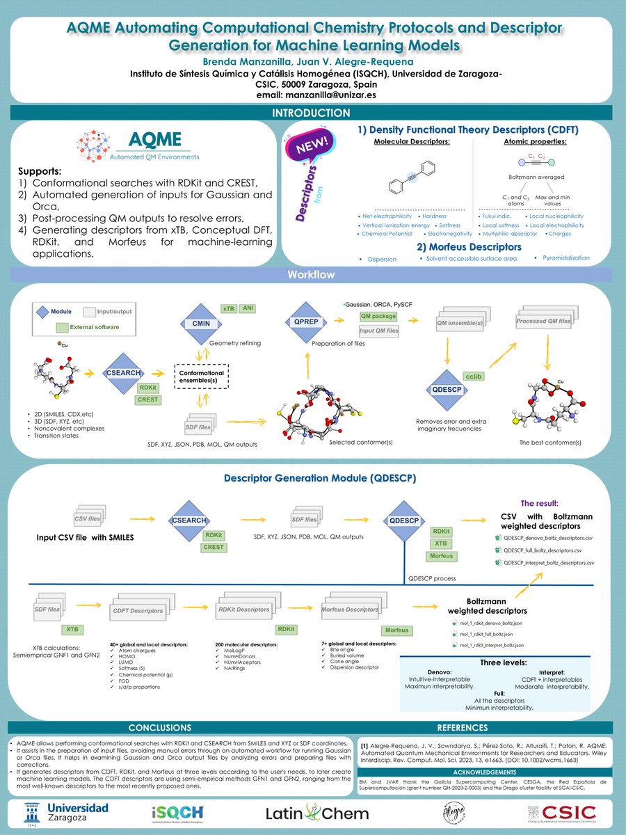 Brenda Manzanilla (@brendamanzani16) on Twitter photo Hi <a href="/LatinXChem/">LatinXChem</a>, I´m presenting our work ‘AQME Automating Computational Chemistry Protocols and Descriptor Generation for Machine Learning Models’ #LatinXChem24 #LatinXChemComp #Comp060
Link to know more: aqme.readthedocs.io/en/latest/inde… Hi <a href="/LatinXChem/">LatinXChem</a>, I´m presenting our work ‘AQME Automating Computational Chemistry Protocols and Descriptor Generation for Machine Learning Models’ #LatinXChem24 #LatinXChemComp #Comp060
Link to know more: aqme.readthedocs.io/en/latest/inde…