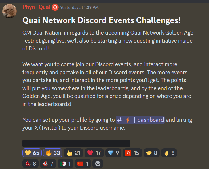 mxuweb3's tweet photo. QM QM! 

As I predicted... the new dashboard is LIVE on Discord! 🚀 

Rewards will now be based on your position on the leaderboard, so it’s all about participating in events, learning more about Quai, being an active loyal member, and getting rewarded. 

#GoldenAgeTestnet $Quai https://t.co/bSu5SDsd4q
