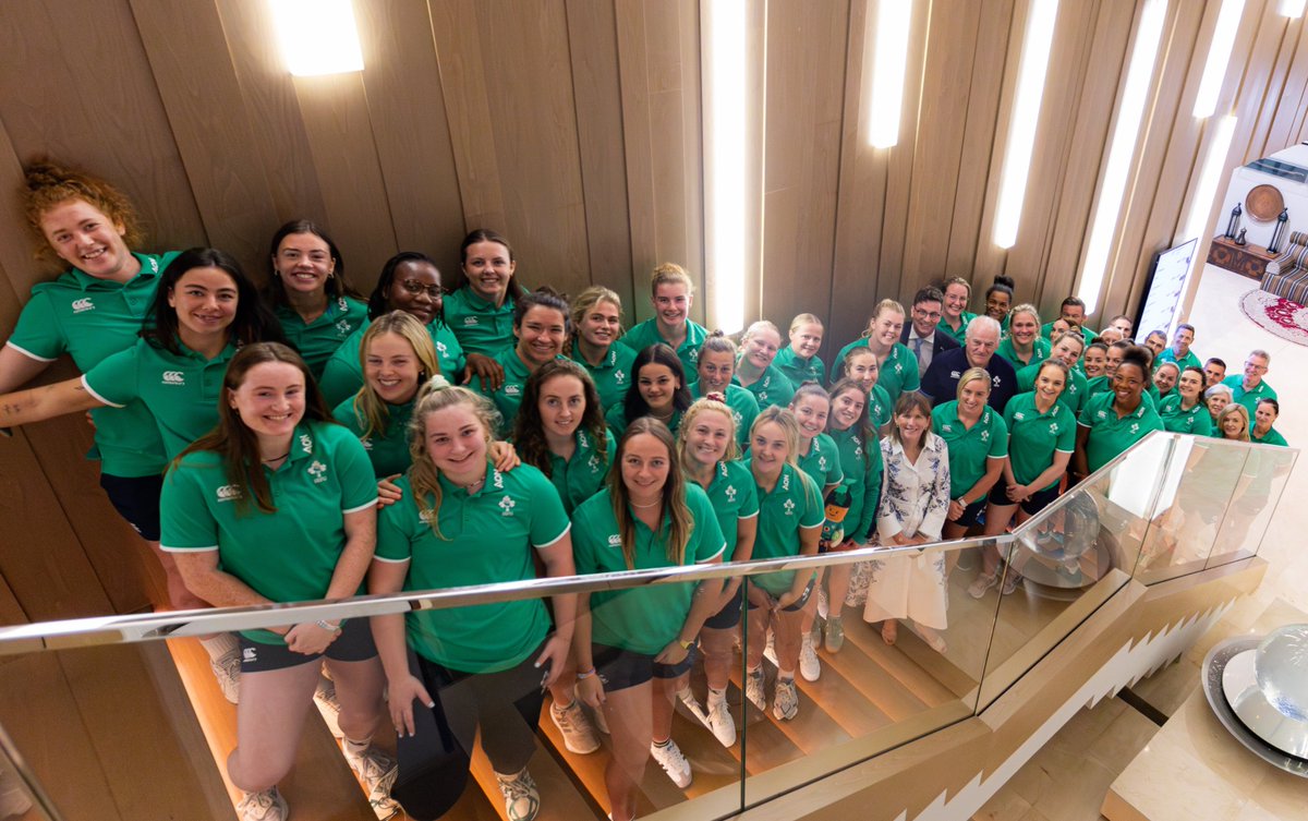 IrelandEmbUAE's tweet photo. Last year Amb Milton had the honour of meeting an inspiring group of women dedicated to establishing Ireland as a leader in women's rugby. A year on, they’ve proven their talent and determination with an impressive 2nd place finish at @WXVRugby! 💪🏉💚
#irishrugby @IrishRugby https://t.co/Z0DlvVDQYb