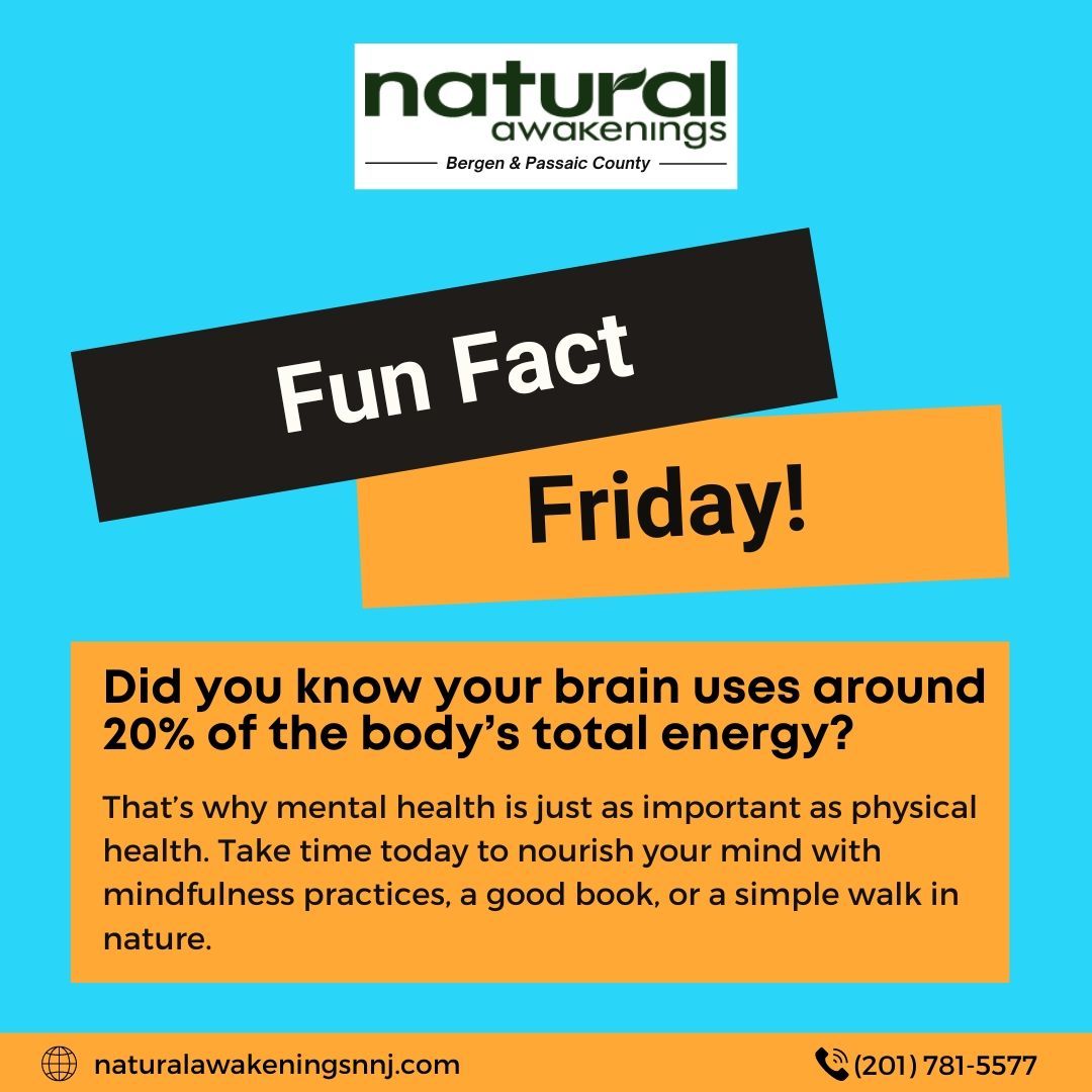 Fun Fact Friday! Did you know your brain uses around 20% of the body’s energy?
.
That’s why mental health is just as important as physical health. 
.
#funfactfriday #mentalhealthmatters #naturalawakeningsnnj #brainhealth #mentalhealthnj #bergencountynj #passaiccountynj