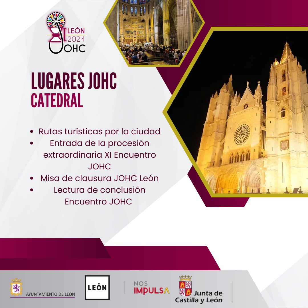 LUGARES JOHC

CATEDRAL

Rutas turísticas por la ciudad

Entrada de la procesión extraordinaria XI Encuentro JOHC

Misa de clausura JOHC León

Lectura de conclusión Encuentro JOHC

#tomadtodosdeel #johcleon #jovenespapones #encuentrojohc #juventudcofrade #leonesp #semanasanta