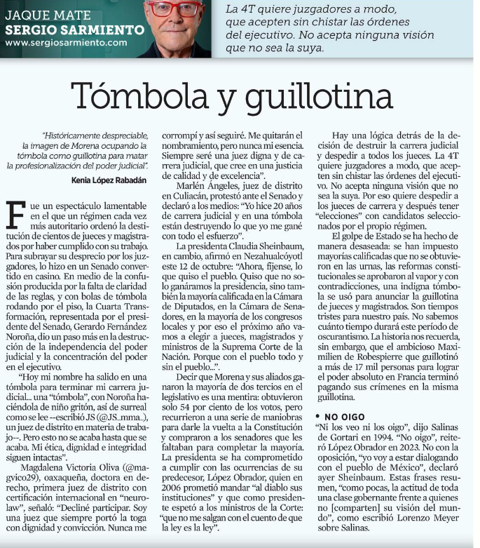 Un Senado convertido en casino, con un bufón a cargo de la tómbola. La 4T no quiere jueces; quiere lacayos que obedezcan sin cuestionar. Lo que estamos viendo no es una reforma: es una guillotina para la justicia. <a href="/SergioSarmiento/">Sergio Sarmiento</a>