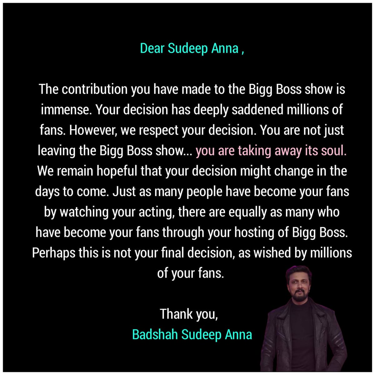 BLEED FOR KICHCHA (@bleedforkichcha) on Twitter photo Your presence on #BiggBoss is not just hosting, it’s the soul of the show. The journey feels incomplete without <a href="/KicchaSudeep/">Kichcha Sudeepa</a> your guidance, laughter, and wisdom. Please, don't close this chapter yet, as there's still so much more magic only you can bring to the stage.
#BBK11 Your presence on #BiggBoss is not just hosting, it’s the soul of the show. The journey feels incomplete without <a href="/KicchaSudeep/">Kichcha Sudeepa</a> your guidance, laughter, and wisdom. Please, don't close this chapter yet, as there's still so much more magic only you can bring to the stage.
#BBK11