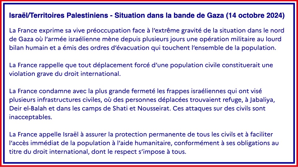 francediplo's tweet image. #Israël / #TerritoiresPalestiniens | Situation dans la bande de Gaza (14 octobre 2024)

Déclaration intégrale ➡️ fdip.fr/3UOWvZRs