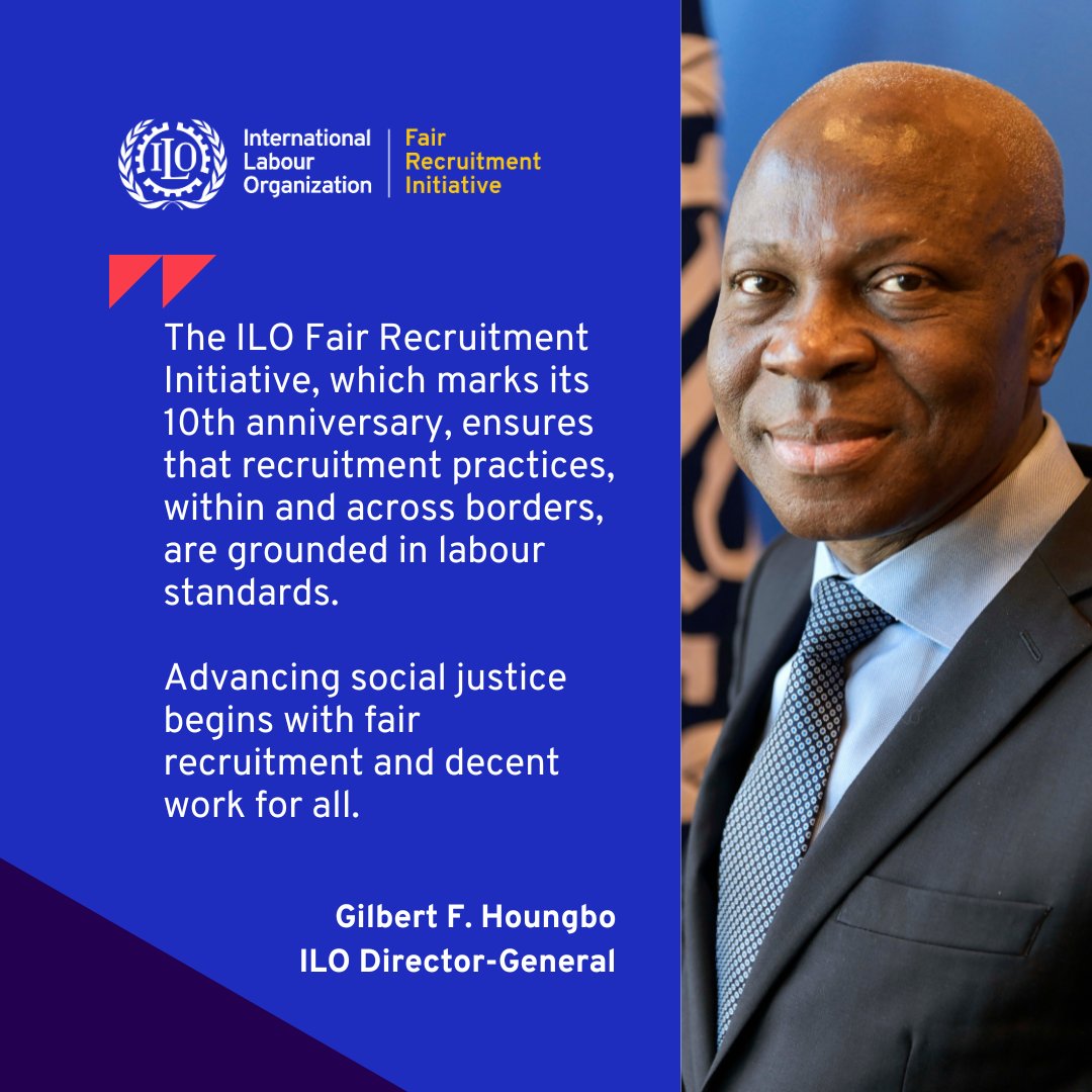 ilo's tweet photo. 📌This week, we mark 10 years of the Fair Recruitment Initiative! 

Check out the new guidance for governments, employers, and workers to promote fair recruitment and eliminate exploitative recruitment fees.  

👉https://t.co/mC138f5uBK #DecentWork https://t.co/MHMyy74u5U