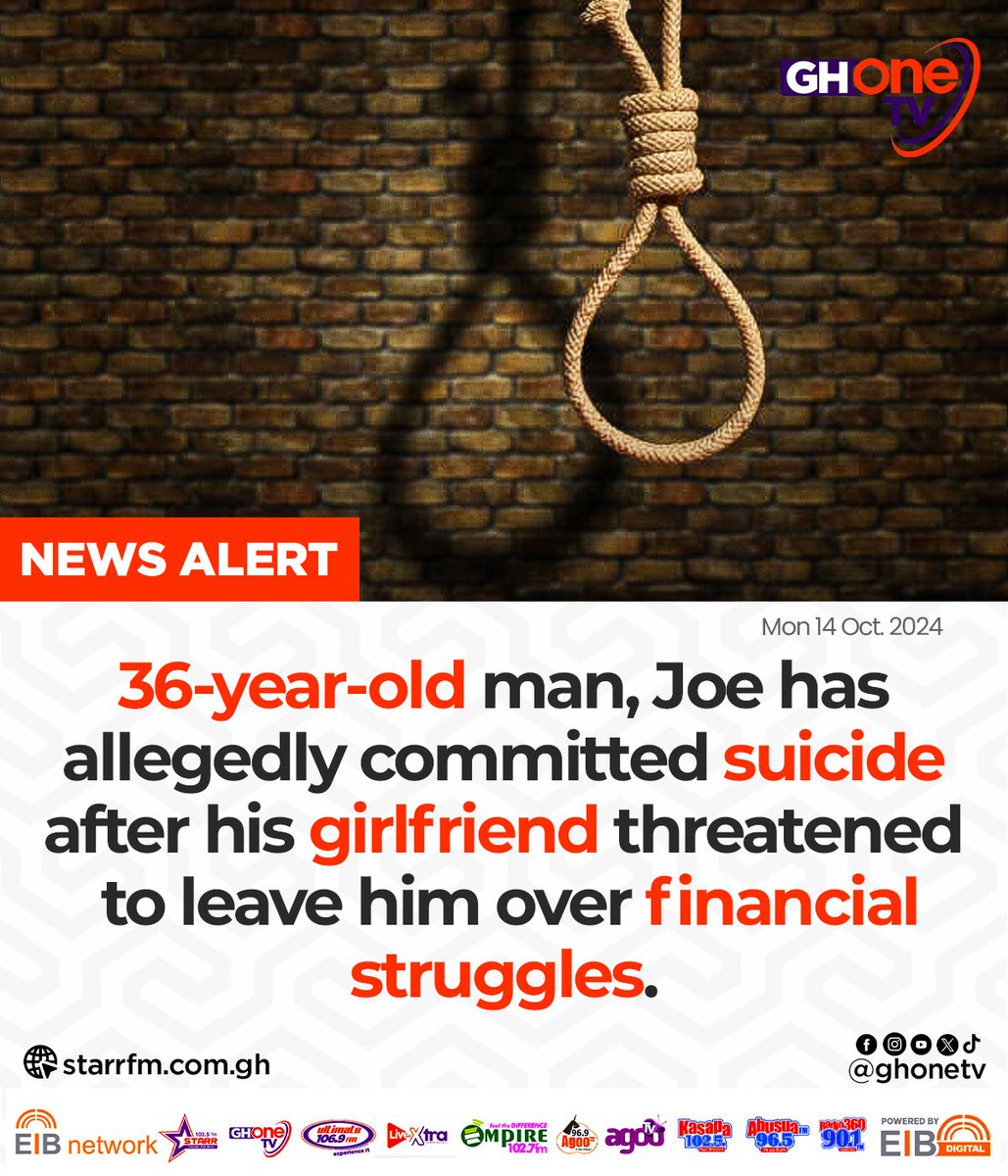 ghonetv's tweet photo. A 36-year-old man has committed suicide at Ekumfi Srafa Mpoano in the Central Region after his girlfriend threatened to leave over his inability to cater for her needs...

#GHOneNews #EIBNetwork 
#GHOneTV #ElectionHub https://t.co/dj620ueMLq