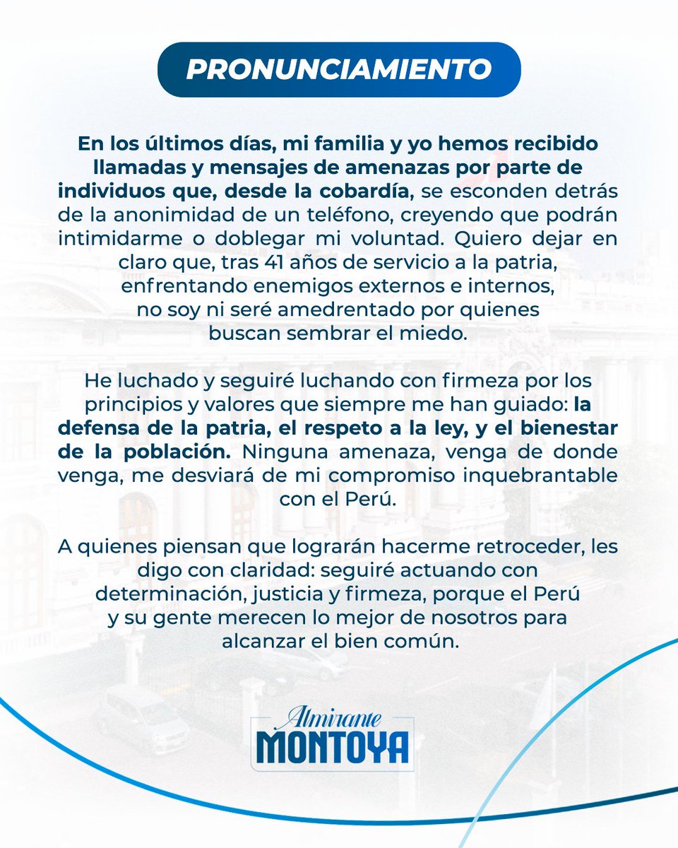 Alm_Montoya's tweet photo. Enfrento amenazas con la misma firmeza con la que he defendido al Perú durante 41 años. No me amedrentan ni me harán retroceder en mi lucha por la patria, la ley y el bienestar de nuestra gente. Mi compromiso con el Perú es inquebrantable. 

#AlmiranteMontoya ✍️
