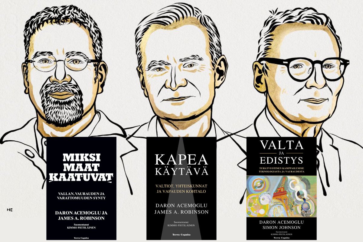 TCtietokirjat's tweet photo. Taloustieteen Nobel 2024 Daron Acemoglulle sekä hänen kirjoittajakollegoilleen James Robinsonille ja Simon Johnsonille 🎆🎇
Acemoglu on kirjoittanut Robinsonin kanssa kirjat Miksi maat kaatuvat ja Kapea käytävä sekä Johnsonin kanssa kirjan Valta ja edistys. Valtavasti onnea! https://t.co/FavAxWipQv