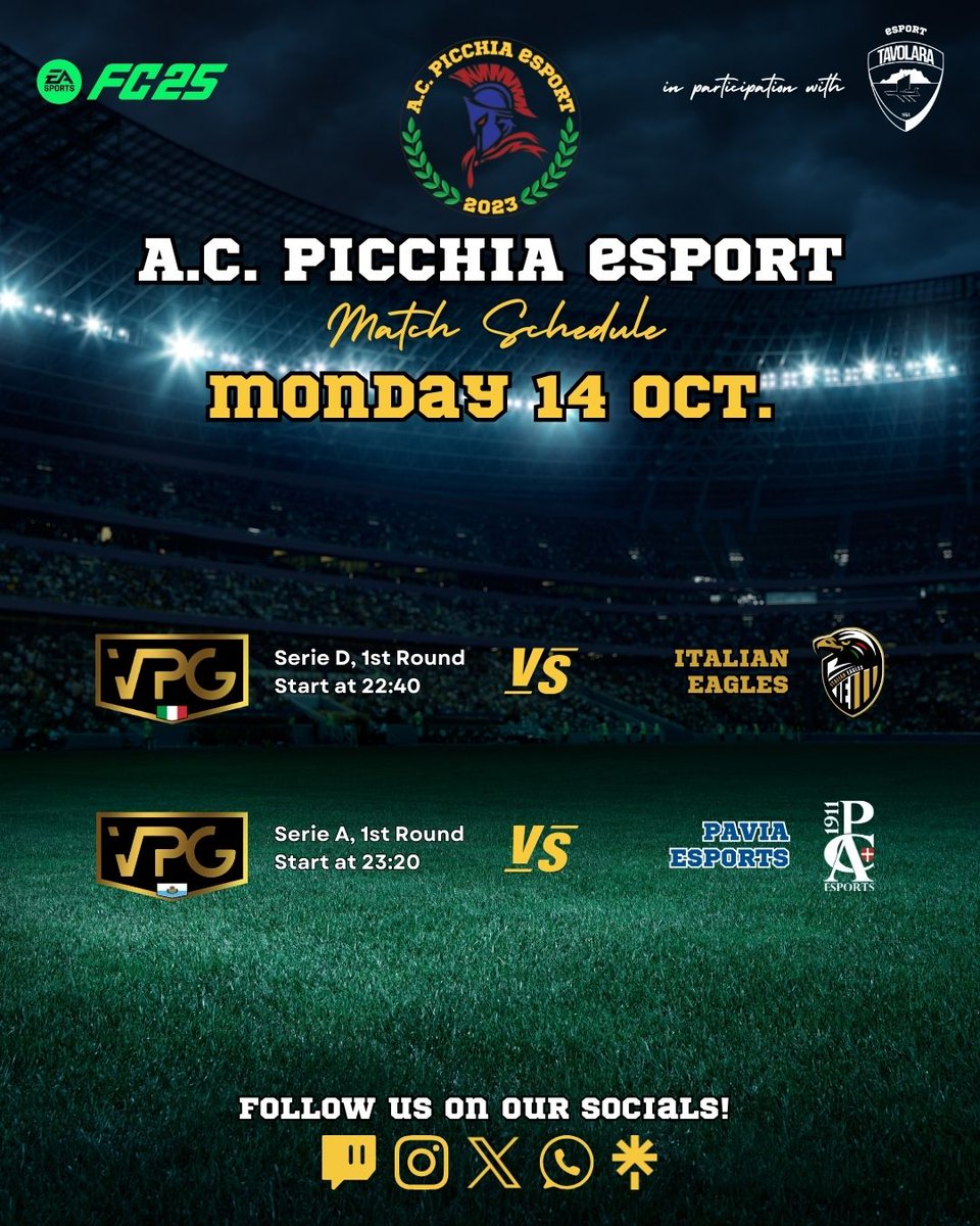 📢 MATCHDAY

🏆 <a href="/VPGItaly/">VPG Italy 🇮🇹</a> - Serie D
🆚 @ItalianEagles 
⏰ 22:40
__________

🏆 <a href="/VPGSanMarino/">VPG San Marino 🇸🇲</a> - Serie A
🆚 Pavia Esports
⏰ 23:20

👀 Follow us live on Twitch:

twitch.tv/acpicchiaesport