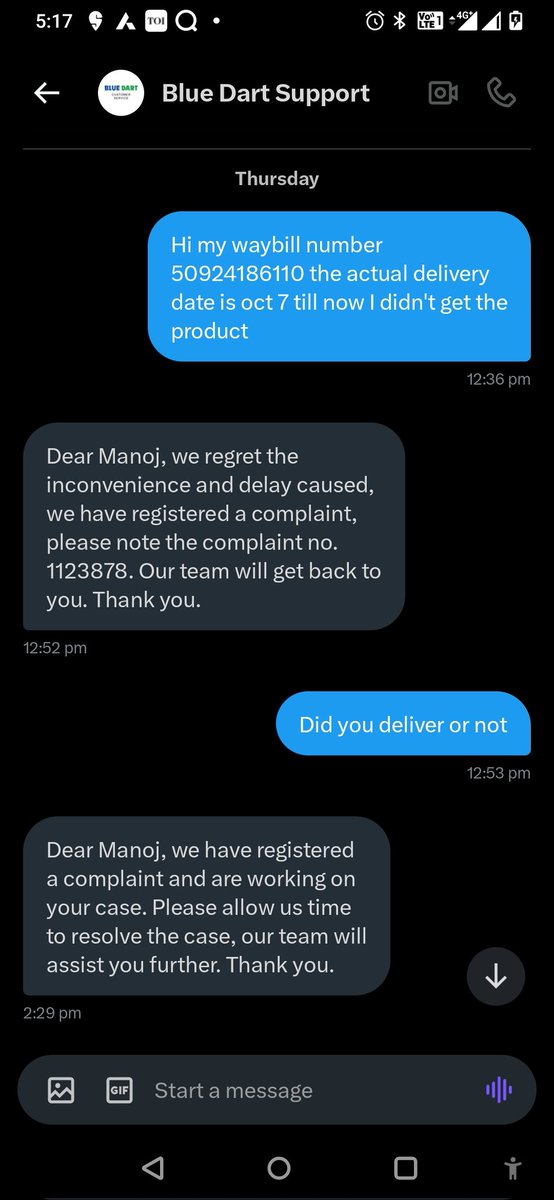 manotmm's tweet photo. @BlueDartCares I gave complaint on Thursday u still working on my complaint https://t.co/7GU29nlK3y