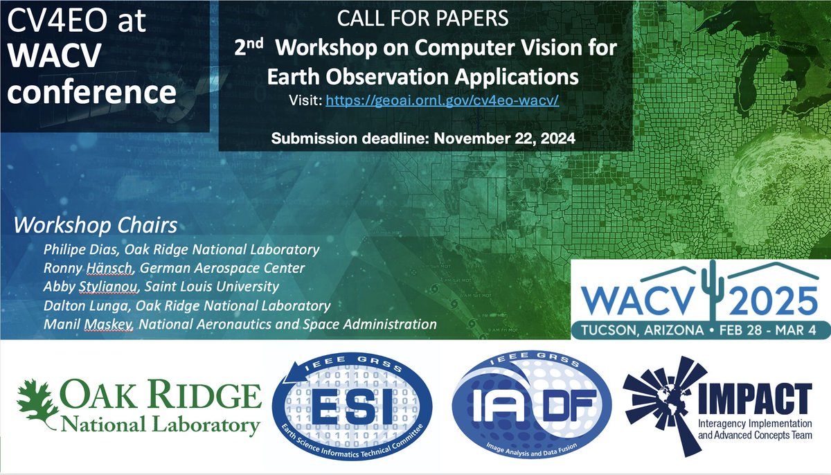 GRSS IADF (@grssiadf) on Twitter photo Excited to announce the continuation of the Computer Vision for Hashtag #EarthObservation (CV4EO) Workshop at WACV ! In this 2nd in a series of <a href="/IEEE_GRSS/">IEEE Geoscience and Remote Sensing Society</a> workshops we are inviting full research and short/vision papers. geoai.ornl.gov/cv4eo-wacv/ Excited to announce the continuation of the Computer Vision for Hashtag #EarthObservation (CV4EO) Workshop at WACV ! In this 2nd in a series of <a href="/IEEE_GRSS/">IEEE Geoscience and Remote Sensing Society</a> workshops we are inviting full research and short/vision papers. geoai.ornl.gov/cv4eo-wacv/