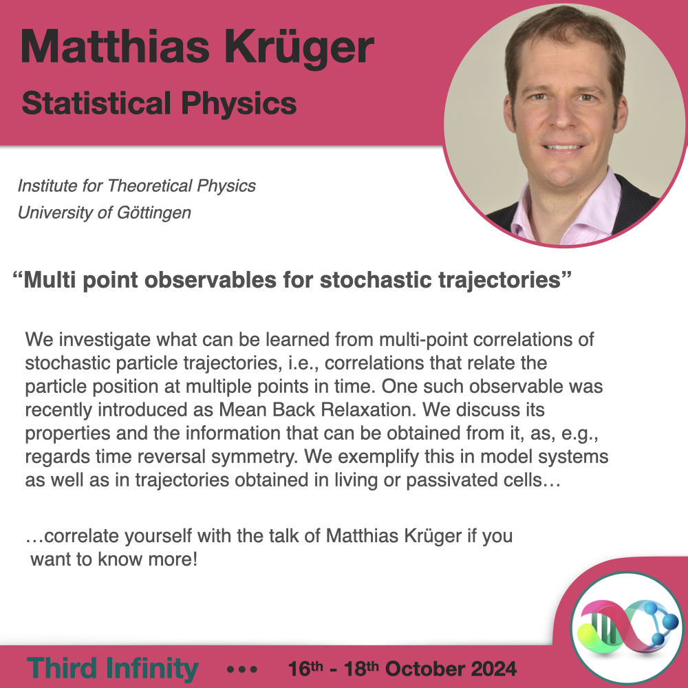 Third Infinity (@3rdinfinity2024) on Twitter photo Many measurements in biological physics rely on noisy particle trajectories. Matthias Krüger will explain what we can learn from multi-point correlations of such trajectories.
You can come to the talk even if you are not registered! 😉 Many measurements in biological physics rely on noisy particle trajectories. Matthias Krüger will explain what we can learn from multi-point correlations of such trajectories.
You can come to the talk even if you are not registered! 😉