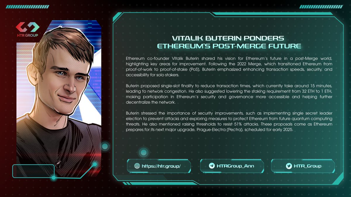 Vitalik Buterin outlines Ethereum's post-Merge improvements, focusing on faster transactions, increased security, lower staking requirements, and decentralization, ahead of the 2025 Prague-Electra (Pectra) upgrade.

For more details, visit: cointelegraph.com/news/vitalik-b…