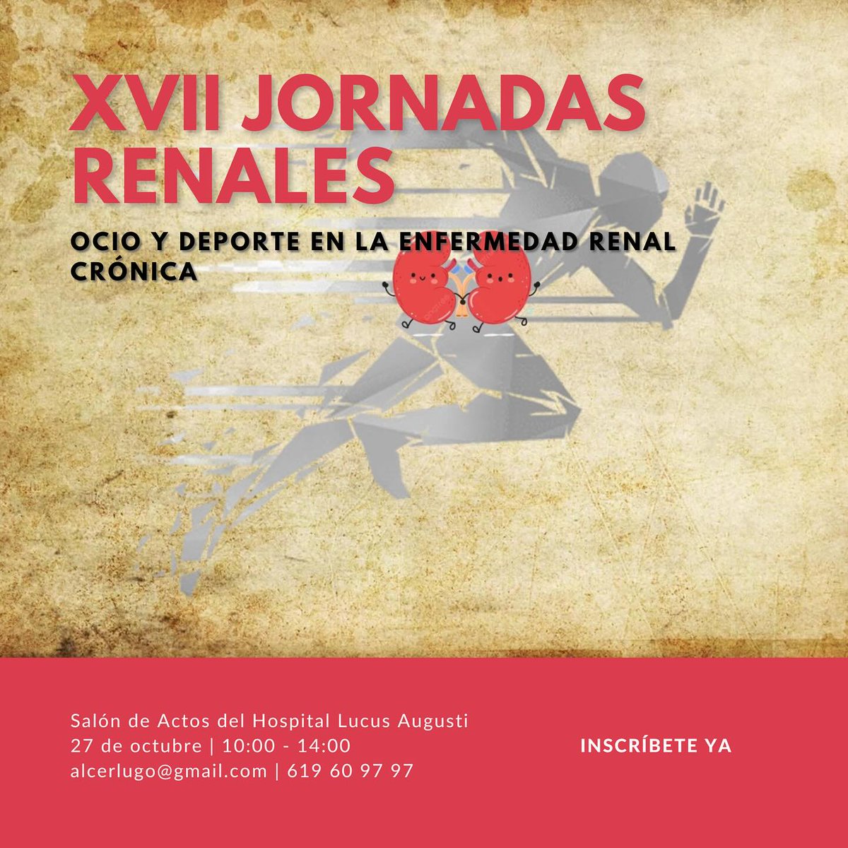 ALCER lugo (@alcerlugo) on Twitter photo Nos complace anunciaros que la fecha para las XVII Jornadas Renales de Alcer Lugo. Este año irán orientadas al “Ocio y al Deporte en la Enfermedad Renal Crónica”
📷 27 de Octubre de 10:00 a 14:00
📷Salón de Actos del Hula.
📷 Inscríbete al 619609797 o en alcerlugo@gmail.com Nos complace anunciaros que la fecha para las XVII Jornadas Renales de Alcer Lugo. Este año irán orientadas al “Ocio y al Deporte en la Enfermedad Renal Crónica”
📷 27 de Octubre de 10:00 a 14:00
📷Salón de Actos del Hula.
📷 Inscríbete al 619609797 o en alcerlugo@gmail.com