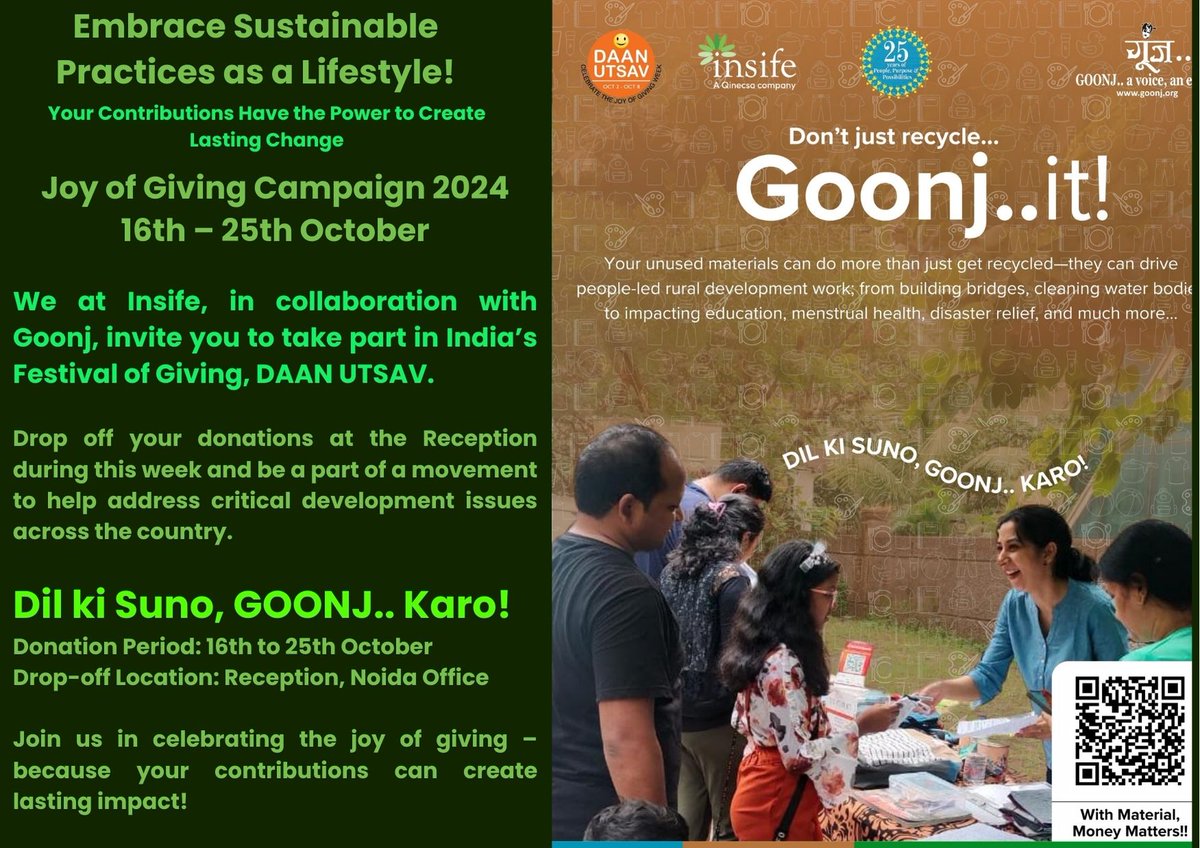 BharatChander's tweet photo. We are thrilled to announce Insife's participation in the Joy of Giving Campaign 2024 in collaboration with Goonj. As part of DAAN UTSAV, India’s Festival of Giving, we invite you to embrace sustainable practices and contribute towards meaningful change.

#JoyOfGiving #Insife https://t.co/jUD7Zwk08V