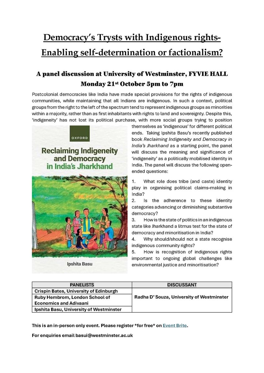 PIRWestminster's tweet photo. 🚨Event @CSDWestminster: Democracy's Tryst with Indigenous Rights: Factionalism or Self Determination?

Speakers: Crispin Bates, Ruby Hembrom, Ipshita Basu and Radha D'Souza.

📅21st October 2024
⏰5-7pm
📍 Fyvie Hall, University of Westminster

Sign up: https://t.co/khN7fpkAzI https://t.co/sPGUos5ZBh