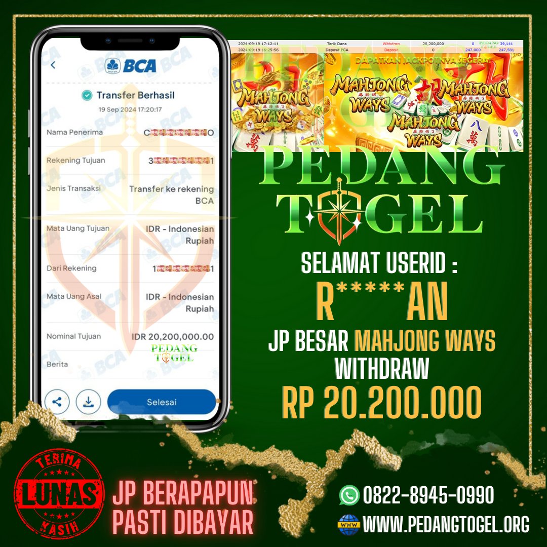 PEDANGTOGEL's tweet photo. PEDANG TOGEL
Menggucapkan selamat atas JP Besar Di MAHJONG WAYS TOTAL WD Sebesar RP 20.200.000

Link Masuk Pedang Togel :
https://t.co/RnqoPk74L2

#pedangtogel #pedangtoto #daftarpedangtogel #loginpedangtogel #linkalternatifpedangtogelEPPJ https://t.co/ruHzil6eFR