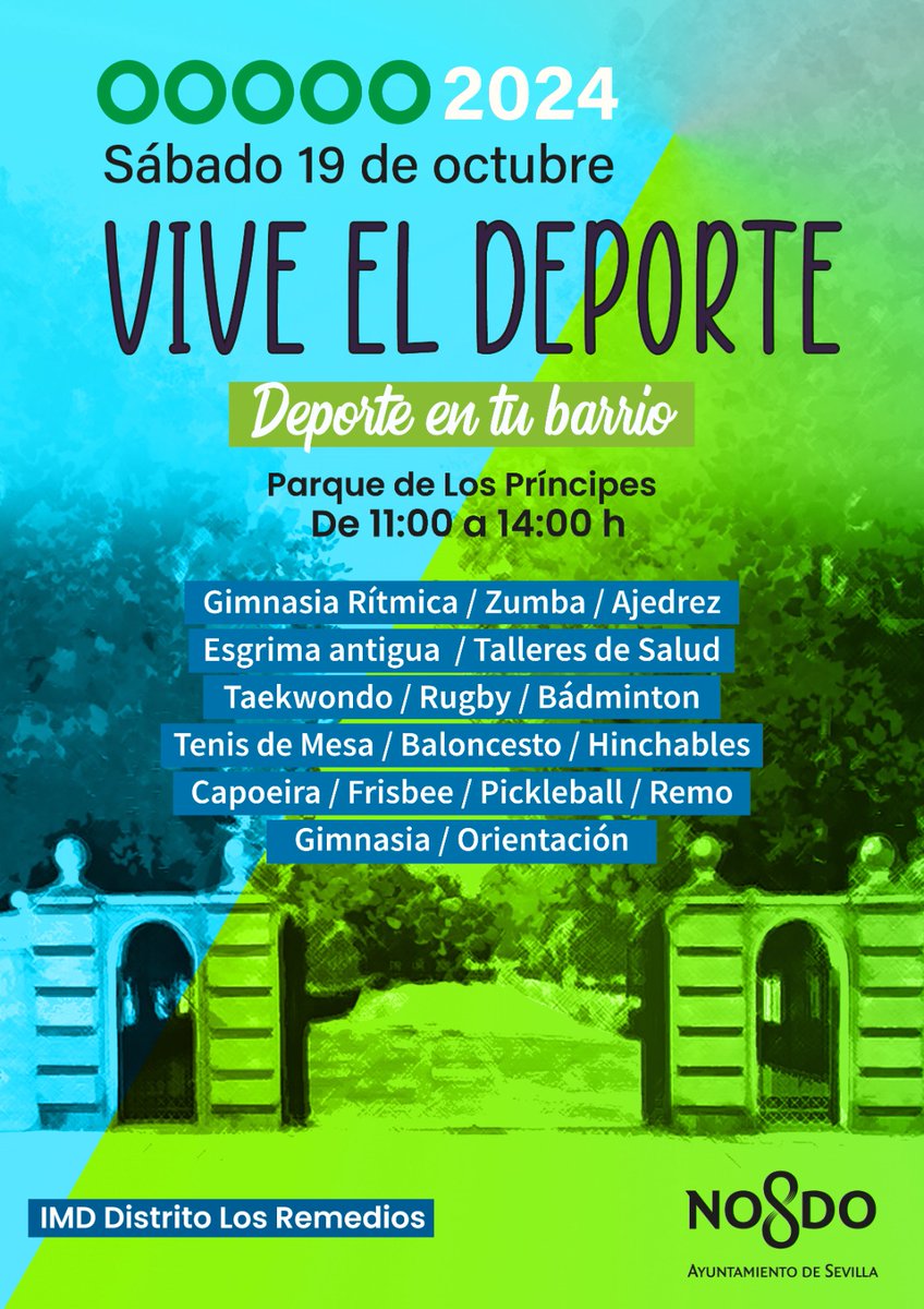 Esta semana "Vive el deporte en tu barrio: Parque de los Príncipes".

A partir de las 11 h., para disfrutar de numerosos talleres y actividades gratuitas.
Participación libre y sin inscripción.
Y regalo para todos los participantes que completen las postas.

¡Os esperamos!