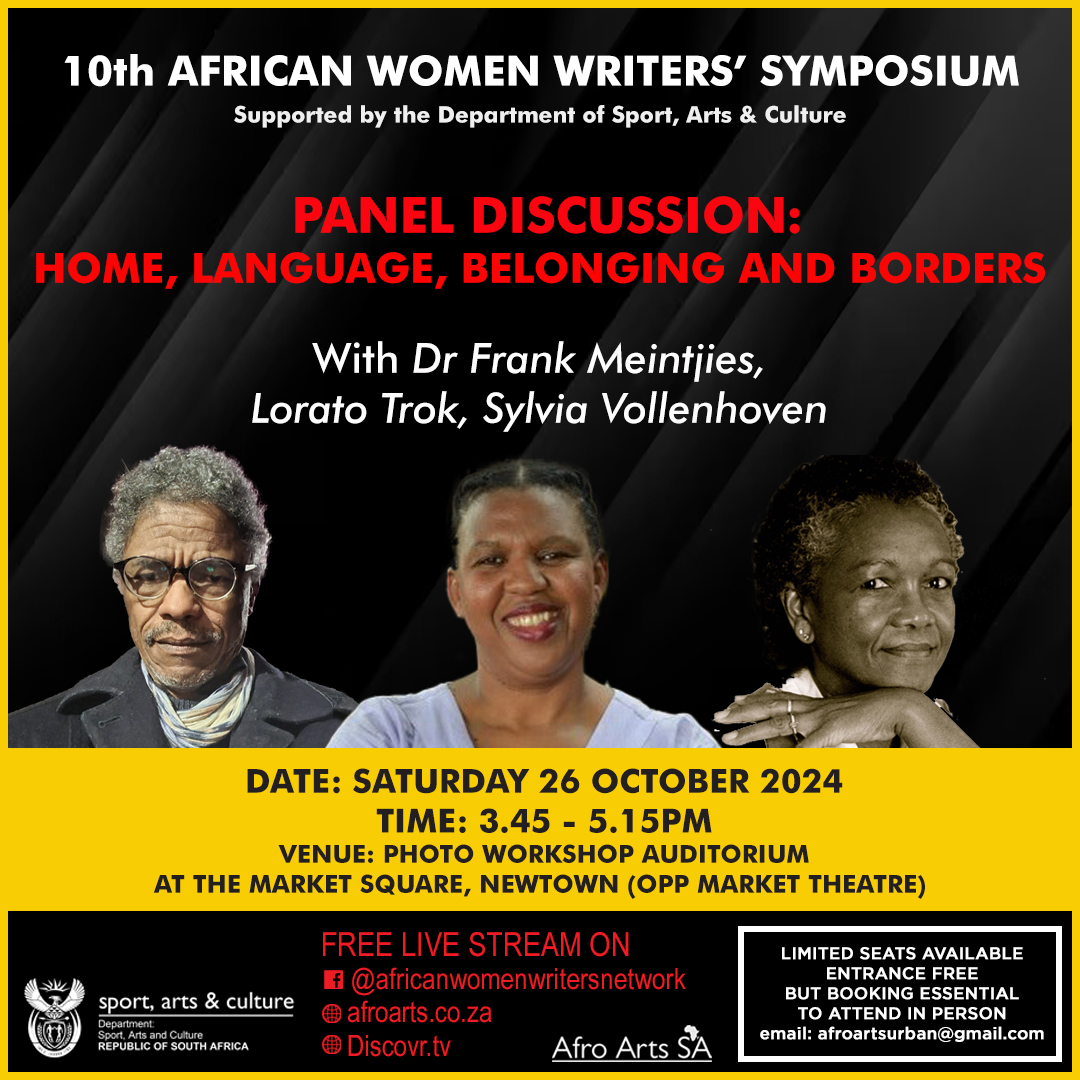 Afro Arts SA (@afroarts_sa) on Twitter photo Join authors <a href="/loratoauthor/">Lorato Trok</a> @Vollenhoven2 & Frank Meintjies to reflect on Home, Language, Belonging & Borders in a panel discussion facilitated by Prof <a href="/NedineMoonsamy/">Nedine Moonsamy</a>
🗓️Sat 26 Oct
🕤 3.45-5.15pm
📍<a href="/_photoworkshop/">MarketPhotoWorkshop</a>
🎟️Entrance FREE
#AWWS2024 #10thAWWS Join authors <a href="/loratoauthor/">Lorato Trok</a> @Vollenhoven2 & Frank Meintjies to reflect on Home, Language, Belonging & Borders in a panel discussion facilitated by Prof <a href="/NedineMoonsamy/">Nedine Moonsamy</a>
🗓️Sat 26 Oct
🕤 3.45-5.15pm
📍<a href="/_photoworkshop/">MarketPhotoWorkshop</a>
🎟️Entrance FREE
#AWWS2024 #10thAWWS
