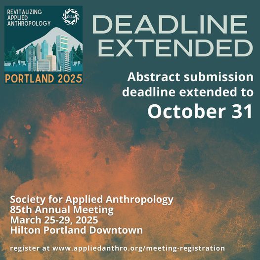 EASA (@easainfo) on Twitter photo Deadline Extension: Abstract Submission for the <a href="/SfAAnthro/">Society for Applied Anthro</a> 85th Annual Meeting on "Revitalizing Applied Anthropology" from March 25-29, 2025, at Hilton Portland Downtown, Portland, OR
⏰ New deadline: Oct 31
#SfAA2025
For more details: buff.ly/4dJLJ3e Deadline Extension: Abstract Submission for the <a href="/SfAAnthro/">Society for Applied Anthro</a> 85th Annual Meeting on "Revitalizing Applied Anthropology" from March 25-29, 2025, at Hilton Portland Downtown, Portland, OR
⏰ New deadline: Oct 31
#SfAA2025
For more details: buff.ly/4dJLJ3e