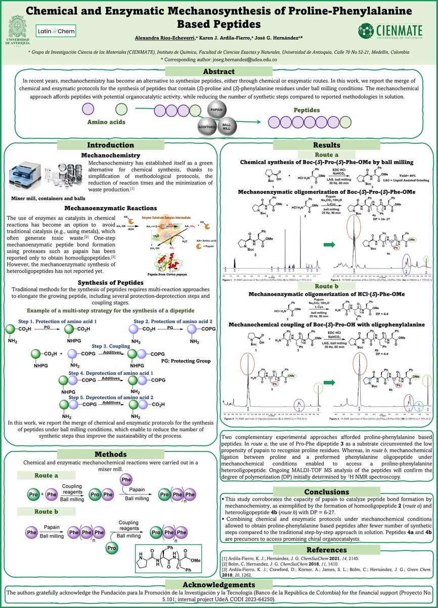 Alexandra Rios Echeverri (@alexandrare007) on Twitter photo Hi <a href="/LatinXChem/">LatinXChem</a>, presenting our work "Chemical and Enzymatic Mechanosynthesis of Proline-Phenylalanine Based Peptides" at #LatinXChem24 #LatinXChemGreen #Green28 #Mechanochemistry #peptides #GreenChem Hi <a href="/LatinXChem/">LatinXChem</a>, presenting our work "Chemical and Enzymatic Mechanosynthesis of Proline-Phenylalanine Based Peptides" at #LatinXChem24 #LatinXChemGreen #Green28 #Mechanochemistry #peptides #GreenChem