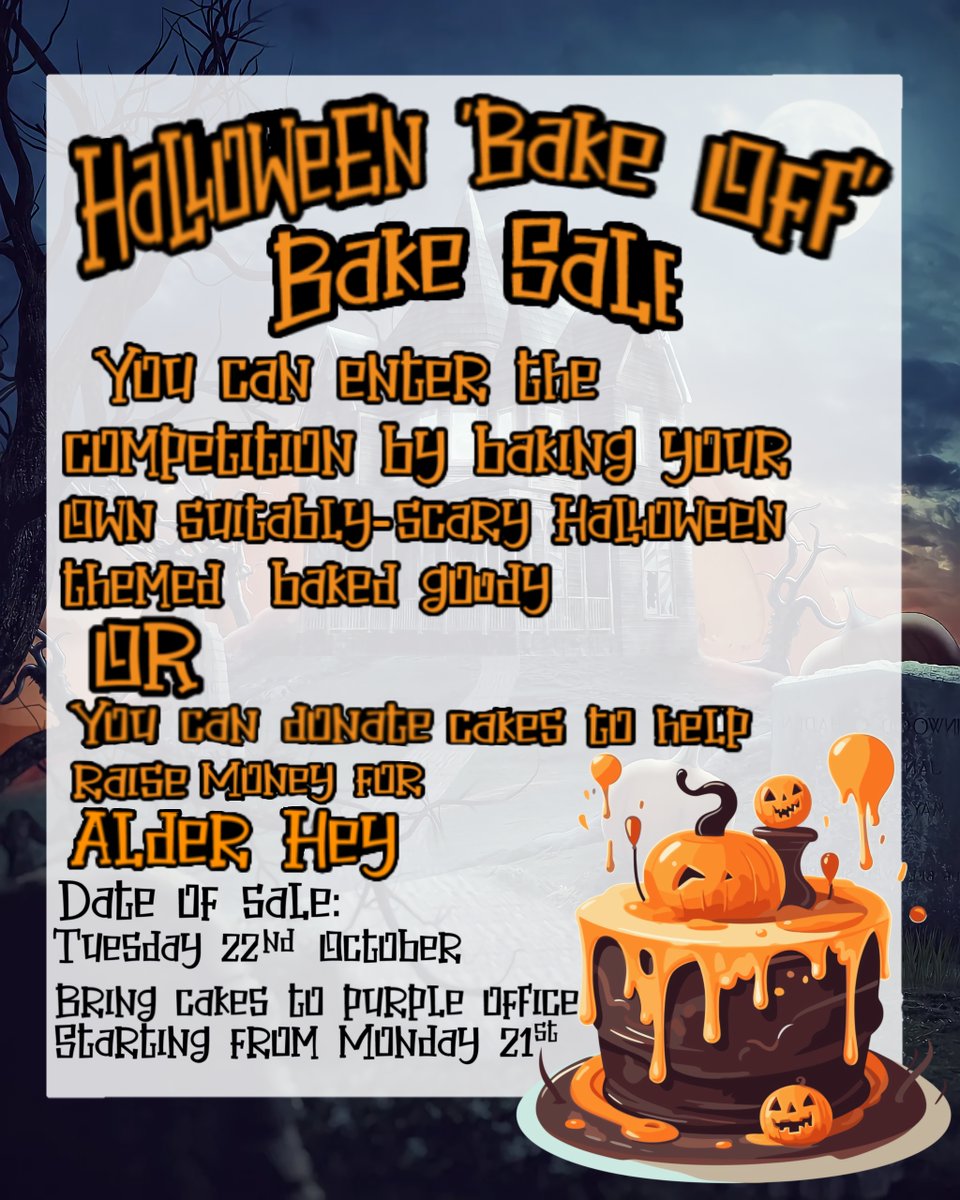 🎃👻 Get ready for a spooktacular Halloween Bake Off &amp; Bake Sale on Tuesday 22nd Oct to raise funds for Alder Hey Hospital! 🧁

Bake or buy ghoulish treats, and home-baked goodies will enter the haunted competition! 🎂🕸️ Drop off at Purple Office from Mon 21st.

#SpookyBakeOff